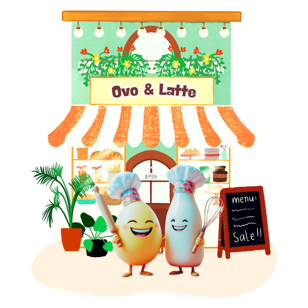 Ovo & Latte with a bakery background